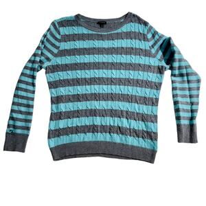 Talbots Crew Neck Sweater Woman's L 30% Lambswool Cable Knit Teal Grey Stripe